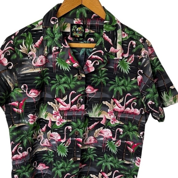 Benny's Blue Hawaiian Tropical Flamingo Button Up Shirt Mens Large short Sleeve - Picture 1 of 13